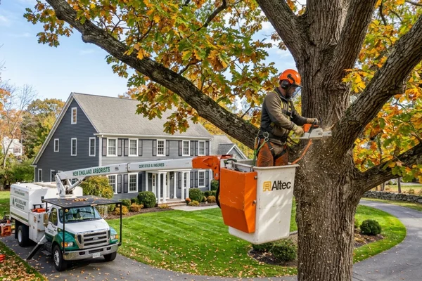 Professional arborist trimming a large, mature oak tree from a bucket truck in front of a South Shore, Massachusetts home to improve tree health and reduce storm damage.
