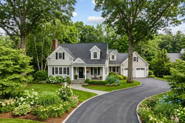 New England home with large mature trees near the house, driveway, and landscaped yard