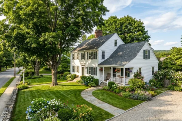 New England-style home with mature trees, manicured lawn, stone walkway, and landscaped garden beds.