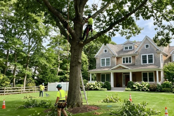 Arborist using climbing ropes to prune a large tree in a landscaped front yard while ground crew members collect branches and prepare them for removal.
